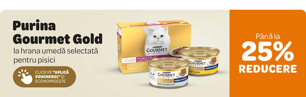 Gourmet Gold. Hrană umedă selectată pentru pisici. Până la 25% reducere. Click pe "Aplică voucherul și economisește."