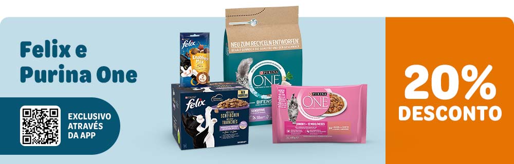 20 % de desconto em toda a gama de Felix e Purina One através da App