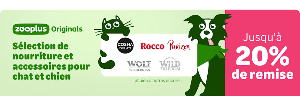 zooplus Originals: Sélection de nourriture et accessoires pour chat et chien. Jusqu'à 20% de remise sur Cosma, Rocco, Purizon, Wolf of Wilderness, Wild Freedom et bien d'autres encore...