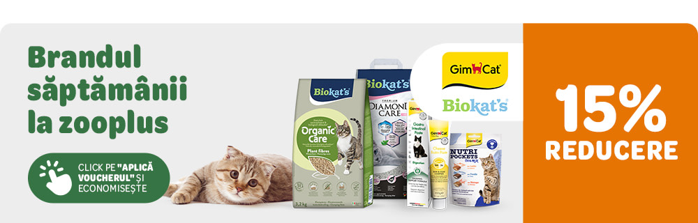 Brandul săptămânii la zooplus: Biokat's & Gimcat, 15% reducere. Click pe "Aplică voucherul și economisește"