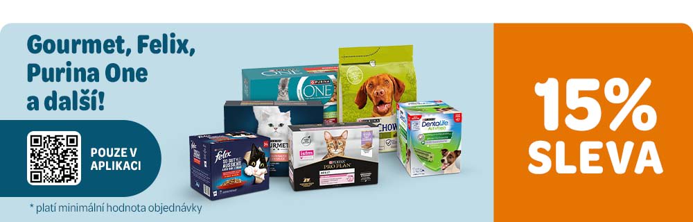 Gourmet, Felix, Purina One a další! Pouze v aplikaci. 15% sleva. *platí minimální hodnota objednávky