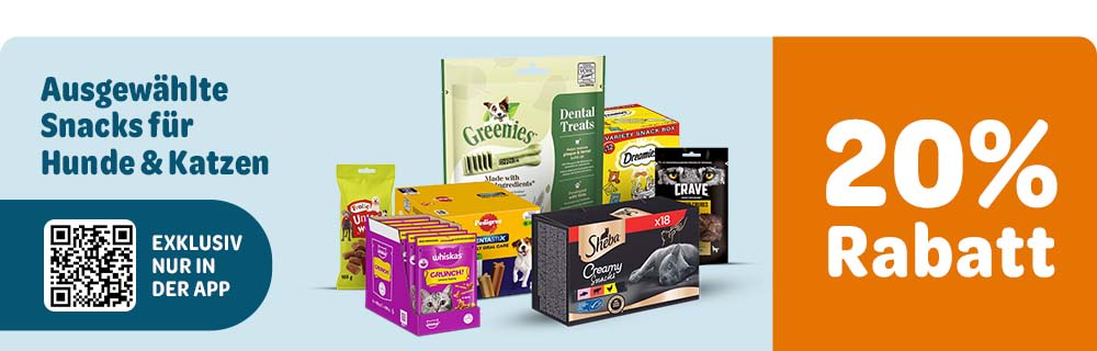 Exklusiv in der App: 20% Rabatt auf ausgewählte Snacks für Hunde & Katzen