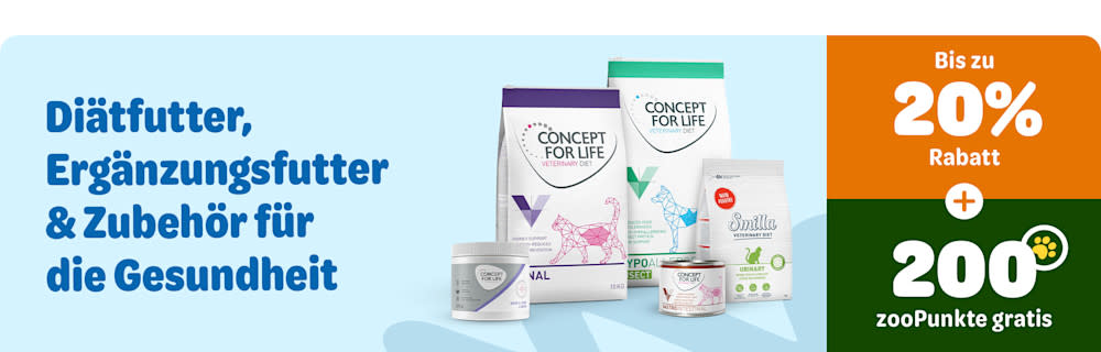Diätfutter, Ergänzungsfutter &Zubehör für die Gesundheit. Bis zu 20% Rabatt + 200 zooPunkte gratis