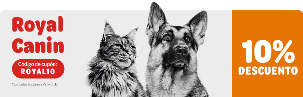 10 % en pienso y comida húmeda Royal Canin para perros y gatos