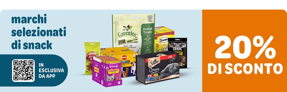 20% di sconto su snack selezionati per cani e gatti, solo sull'app!