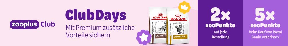 zooplus Club: ClubDays. Mit Premium zusätzliche Vorteile sichern. 2x zooPunkte auf jede Bestellung. 5x zooPunkte beim Kauf von Royal Canin Veterinary