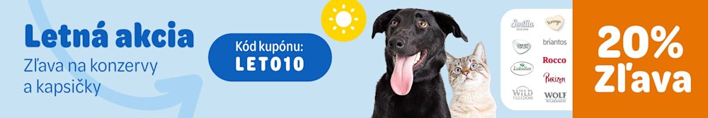 Letná akcia - zľava na konzervy a kapsičky. Kód kupónu: LETO10. 10% Zľava.