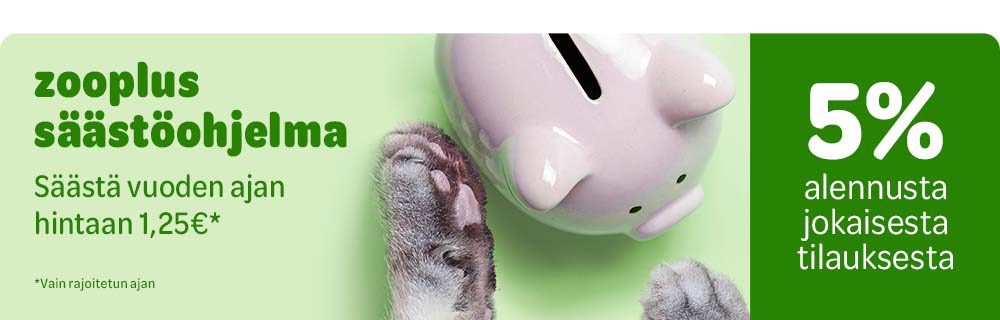 5% alennusta jokaisesta tilauksesta. zooplus säästöohjelma. Säästä vuoden ajan hintaan 1,25€. Vain rajoitetun ajan.