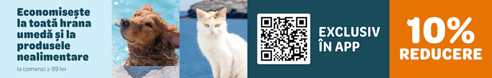10% REDUCERE la toată hrana umedă și la produsele nealimentare, la comenzi de min. 99 lei. EXCLUSIV ÎN APP.