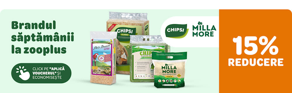 Brandul săptămânii la zooplus: Chipsi și Millamore 15% reducere. Click pe Aplică voucherul și economisește.