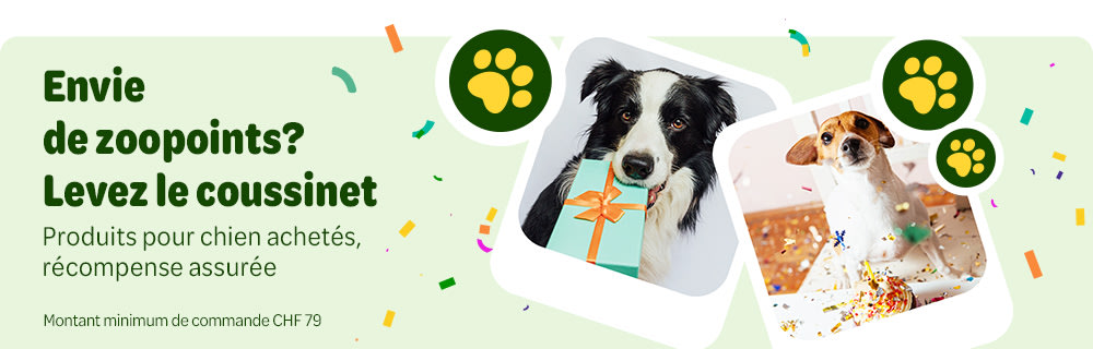 Envie de zoopoints ? Leves le coussinet. Produits pour chien achetés récompense assurée. Montant minimun de commande CHF79