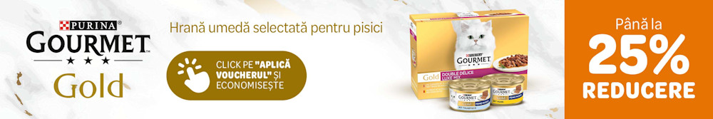 Gourmet Gold. Hrană umedă selectată pentru pisici. Până la 25% reducere. Click pe "Aplică voucherul și economisește."