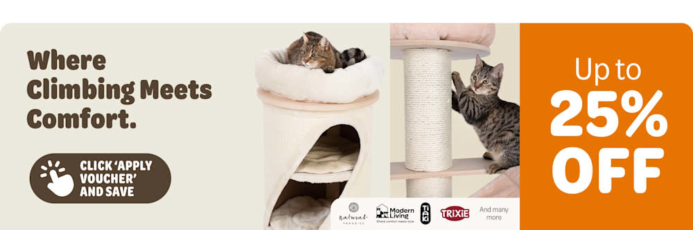 Where climbing meets comfort. Save up to 25% on cat trees 🐈