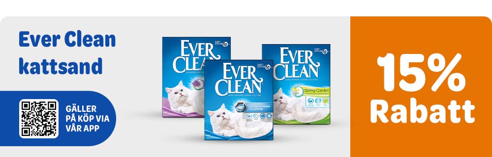 15% rabatt. EverClean kattsand. Gäller på köp via vår app.