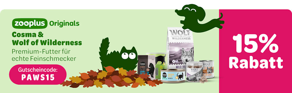 zooplus Originals: 15% Rabatt auf Cosma & Wolf of Wilderness mit dem Gutscheincode PAWS15. Premium-Futter für echte Feinschmecker.