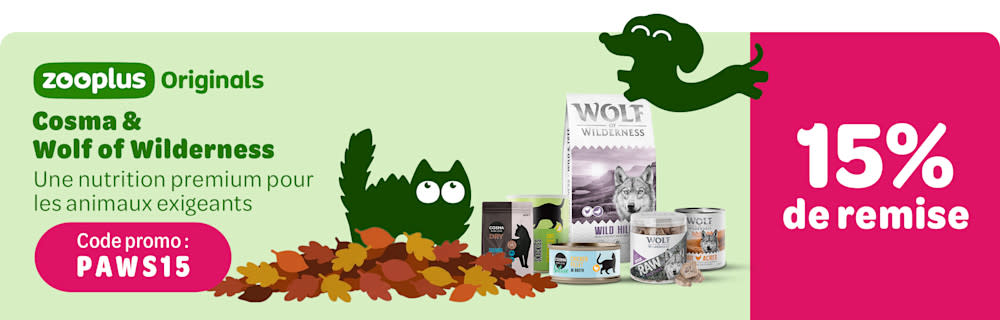 zooplus Originals: 15 % de remise sur Cosma & Wolf of Wilderness. Code promo: PAWS15. Une nutrition premium pour les animaux exigeants