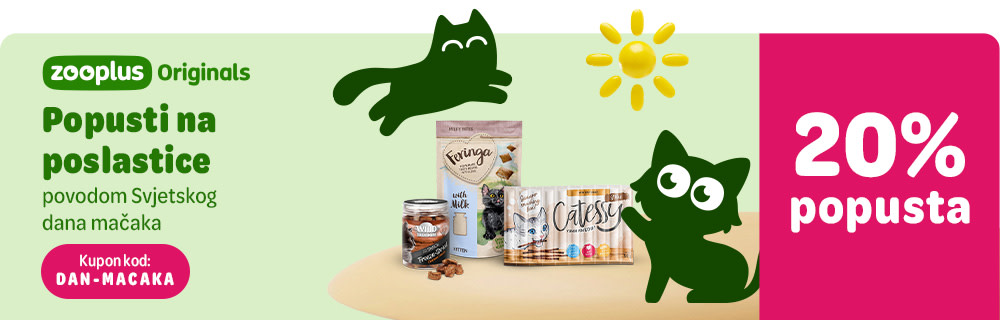 Popusti na poslastice povodom svjetskog dana mačaka. Kupon kod: dan-macaka. 20% popusta, zooplus originals.