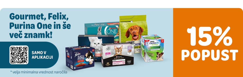 15% popust na Gourmet, Felix, Purina One in še več znamk!. Ekskluzivo samo v aplikaciji