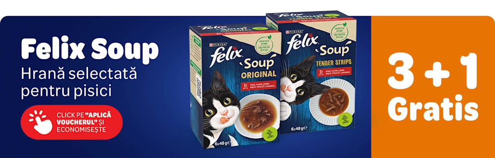 Felix Soup. Hrană selectată pentru pisici. 3+1 gratis. Click pe "Aplică voucherul și economisește."