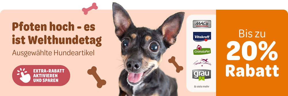 Pfoten hoch - es ist Welthundetag. Bis zu 20% Rabatt auf ausgewählte Hundeartikel von MAC's, Vitakraft, GranataPet, Terra Canis, grau & viele mehr. Extra-Rabatt aktivieren und sparen