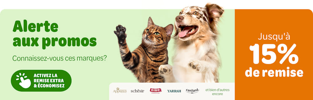 Activez la remise extra & économisez: Alerte aux promos. Connaissez-vous ces marques? Jusqu'à 15% de remise sur Applaws, schesir, DIBO, YARRAH, caniland et bien d'autres encore