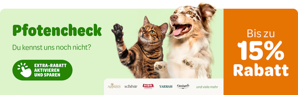Extra-Rabatt aktivieren und sparen: Pfotencheck. Du kennst uns noch nicht? Bis zu 15% Rabatt auf Applaws, schesir, DIBO, YARRAH, caniland und viele mehr