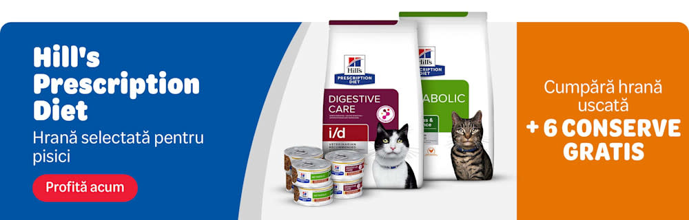 Hill's Prescription Diet, hrană selectată pentru pisici. Cumpără hrană uscată + 6 conserve gratis.