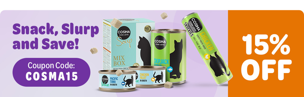 15% off Cosma Wet Food & Treats: use the coupon code COSMA15