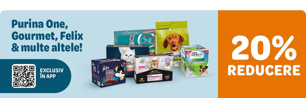 Exlusiv în APP. 20% reducere la Purina One, Gourmet, Felix și multe altele