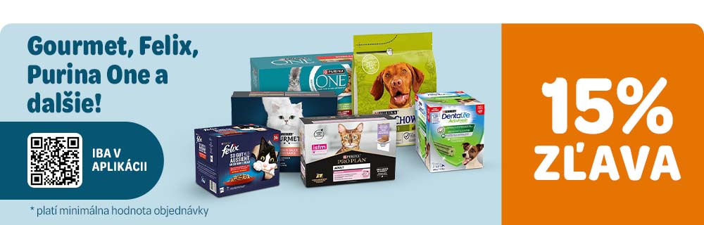 Zľava 15% na vybrané značky GOURMET, FELIX, PURINA ONE a ďalšie iba pri nákupe cez aplikáciu zoohit