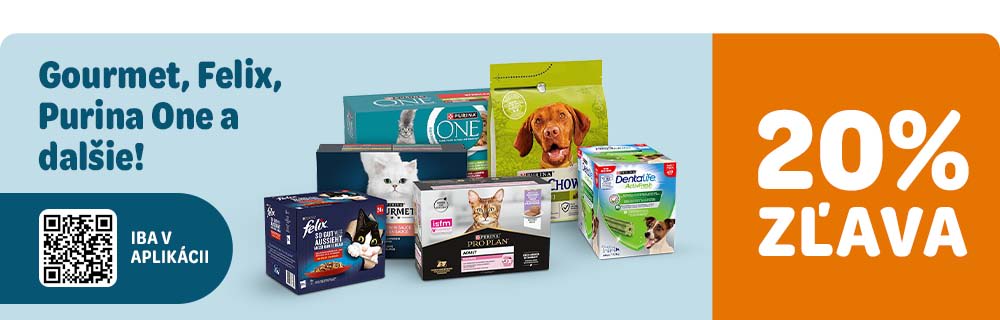 Zľava 20% na vybrané značky GOURMET, FELIX, PURINA ONE a ďalšie iba pri nákupe cez aplikáciu zoohit