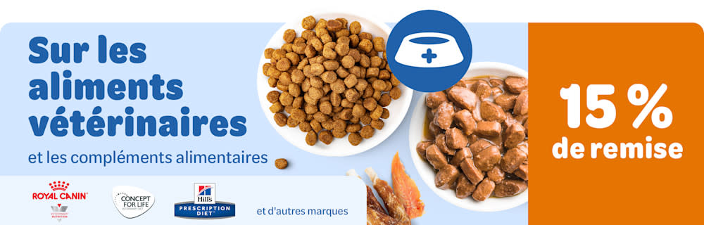 15 % de remise: Sur les aliments véérinaires et les compléments alimentaires. Royal Canin Veterinary, Concept for Life Veterinary, Hill's Prescription Diet et d'autres marques