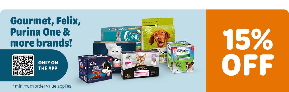 15% off Gourmet, Felix, Purina One & more brands: only on the app (minimum order value applies)