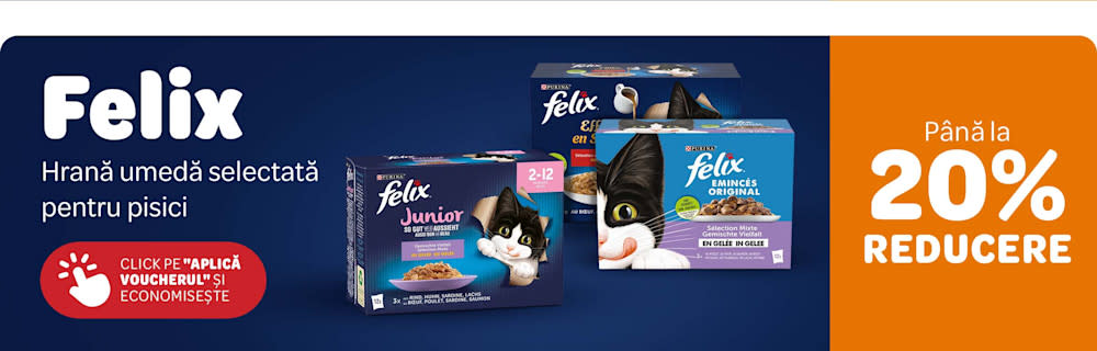 Felix, hrană umedă selectată pentru pisici. Până la 20% reducere. Click pe "Aplică voucherul și economisește"