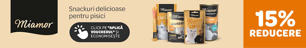 15% reducere. Miamor snackuri delicioase pentru pisici. Click pe "aplică voucherul și economisește".
