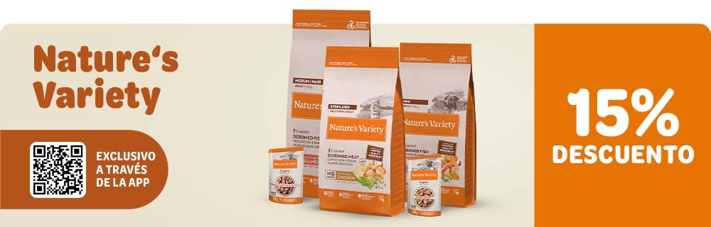 Nature´s Variety para perros y gatos con 15% descuento a través de la app