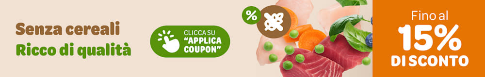 Fino al 15% di sconto sui prodotti senza cereali per cani e gatti.