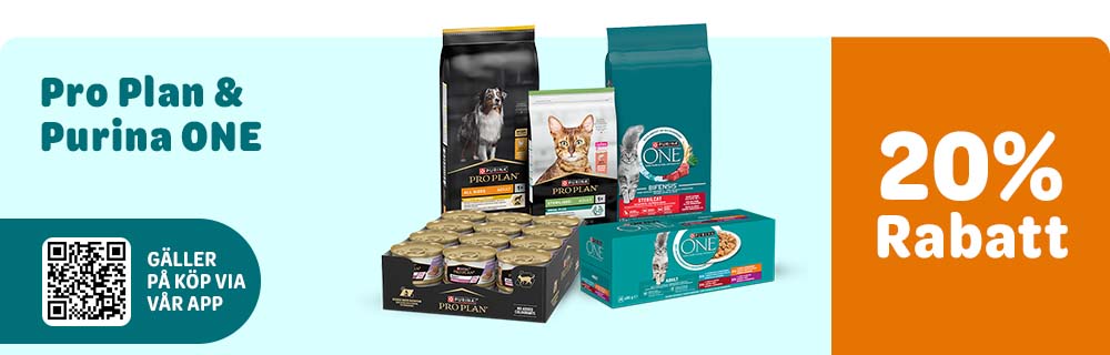 20% rabatt. Pro Plan & Purina ONE. Gäller på köp via vår app.
