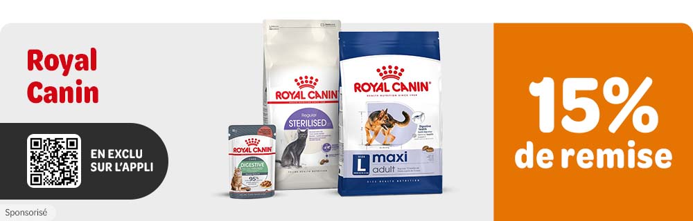 15 % de remise sur les produits Royal Canin en exclusivité sur l'application