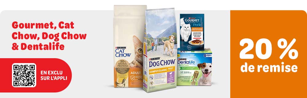 En exclu sur l'appli: 20 % de remise sur Gourmet, Cat Chow, Dog Chow & Dentalife