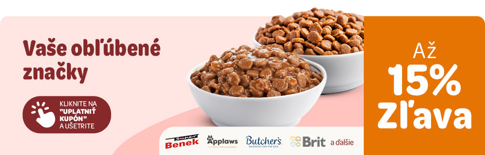 Vaše obľúbené značky so zľavou až 15%. Benek, Brit, Applaws, Butchers a ďalšie. Kliknite na "uplatniť kupón" a ušetrite.
