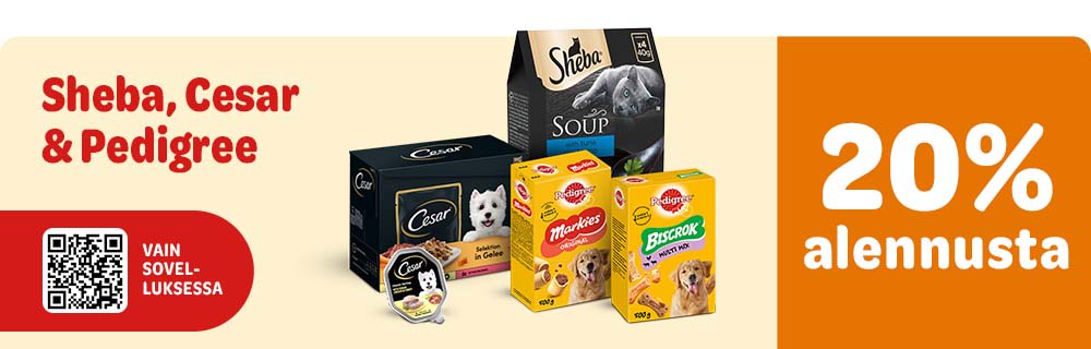 20% alennusta merkeistä Sheba, Cesar & Pedigree. Vain sovelluksessa.