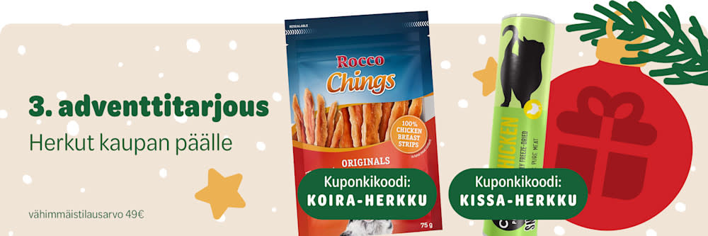 3. adventtitarjous, Herkut kaupan päälle. Kuponkikoodi: KOIRA-HERKKU, Kuponkikoodi: KISSA-HERKKU. Vähimmäistilausarvo 49€.