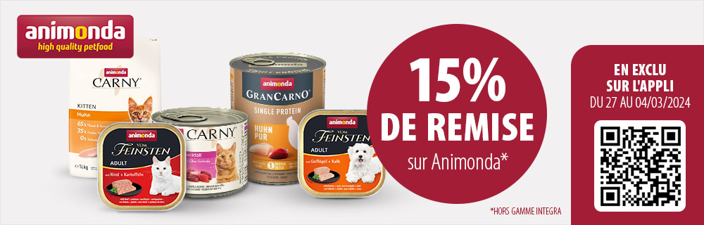 15 % de remise sur les produits Animonda en exclusivité sur l'application