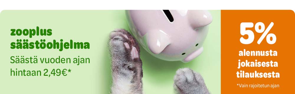 zooplus säästöohjelma. 5% alennusta jokaisesta tilauksesta. Vain rajoitetun ajan. Säästä vuoden ajan hintaan 2,49€*.