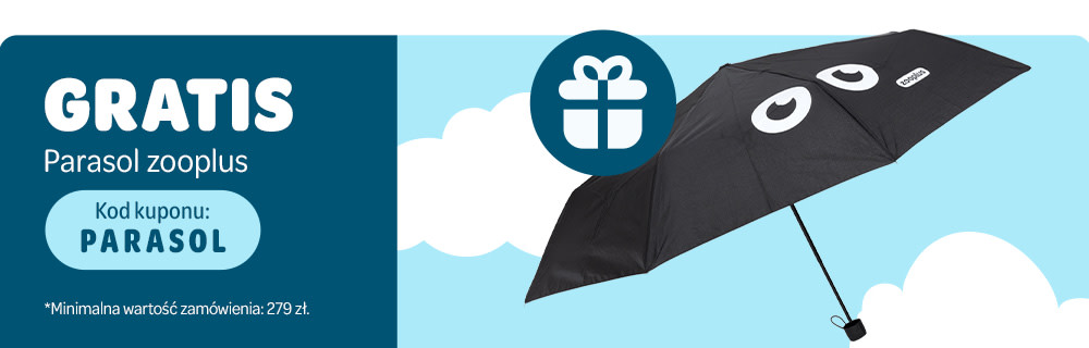 Gratis dla Ciebie! Parasol zooplus. Minimalna wartość zamówienia: 279 zł. Kod kuponu: PARASOL