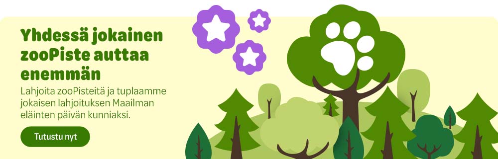 Yhdessä jokainen zooPiste auttaa enemmän. Lahjoita zooPisteitä ja tuplaamme jokaisen lahjoituksen Maailman eläinten päivän kunniaksi. Tutustu nyt.