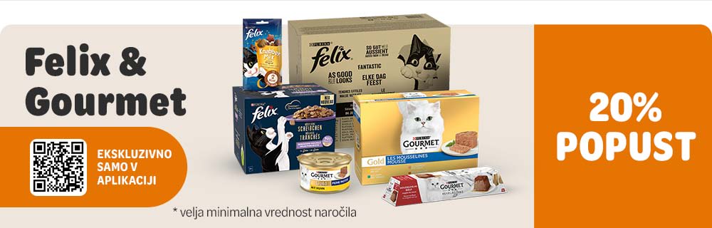 20% popust na vse izdelke Gourmet in Felix, samo v zoohit aplikaciji!