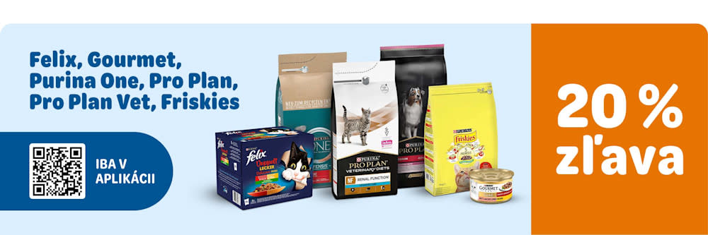 Felix, Gourmet, Purina One, Pro Plan, Pro Plan Vet, Friskies. Iba v aplikácii 20 % zľava