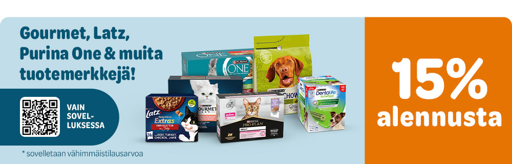 Gourmet, Latz, Purina One & muita tuotemerkkejä! 15% alennusta. Vain sovelluksessa. Sovelletaan vähimmäistilausarvoa.